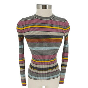 Theory Sweater Wool Dusty Pink Striped Crewneck Long Sleeve Knit Pullover